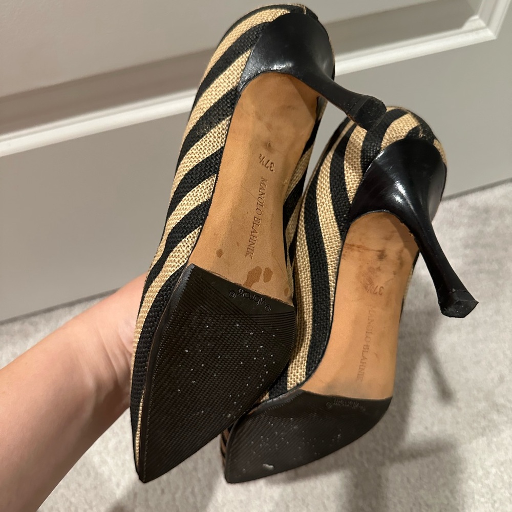 Manolo Blahnik Black and Tan Striped Heels - Picture 3 of 3